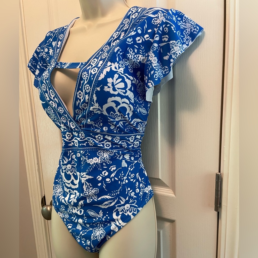 NWOT Blue and White Floral Swimsuit with Ruffled Sleeves - Picture 2 of 7